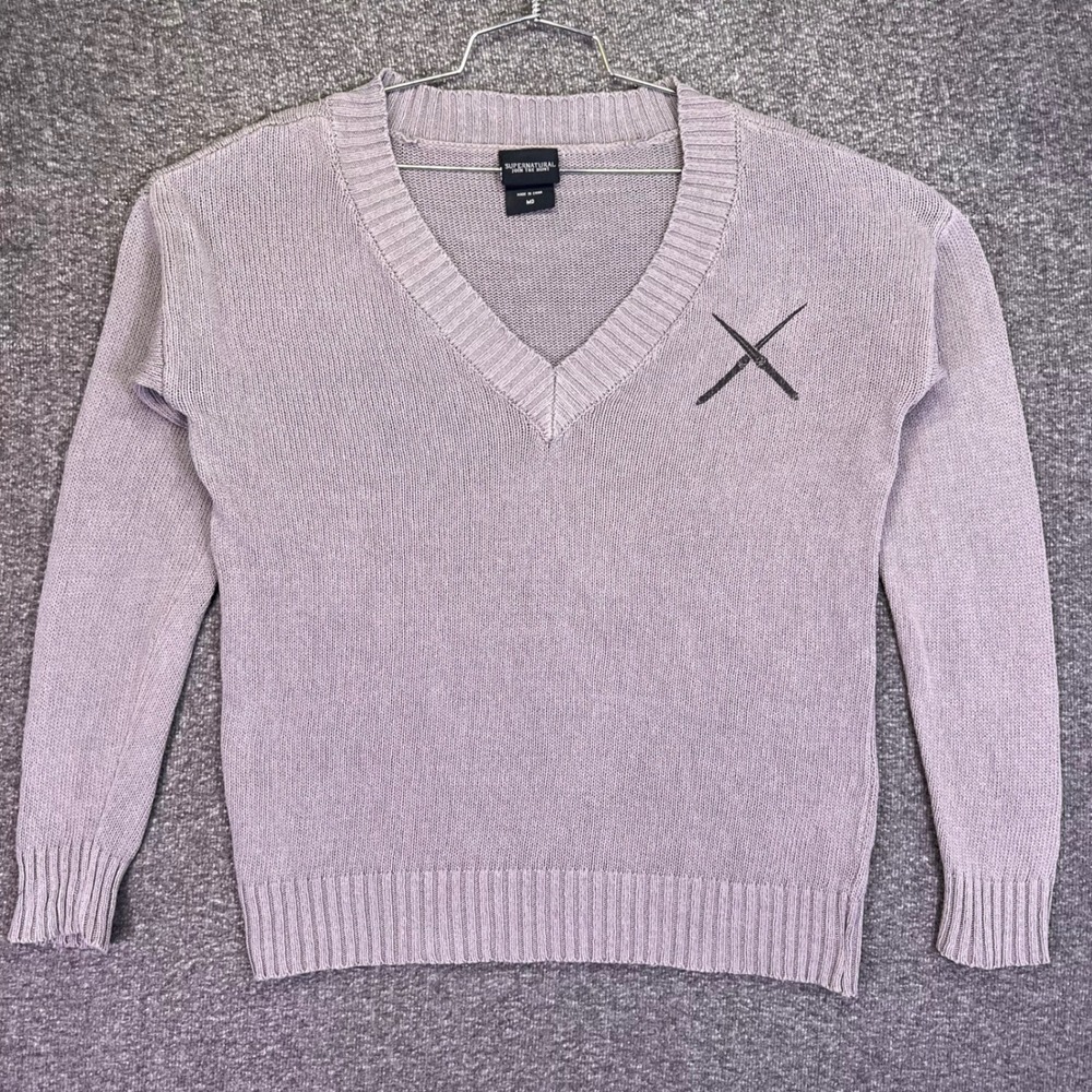 Supernatural V-Neck Sweater Mens M Gray Angel Wings Graphic Cotton Casual Angel